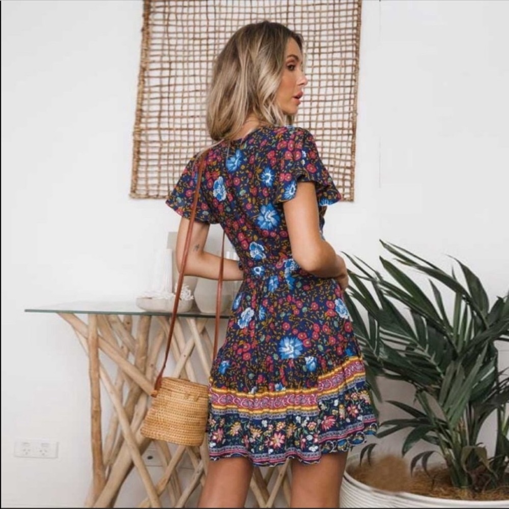 Bohemian Floral Tribal Print Wrap Dress Black - Picture 3 of 3